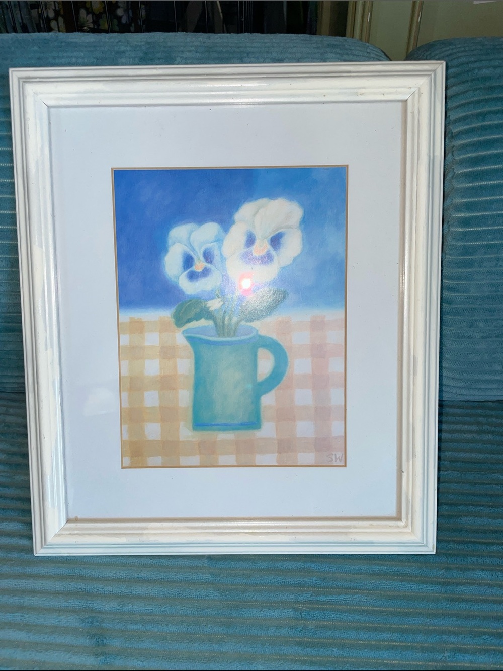 Sue Williams pansy print, matted and framed